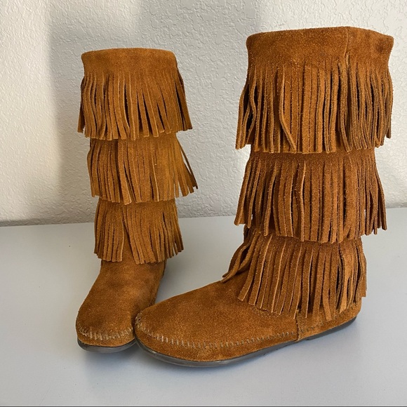 Minnetonka 3 Layer Fringe Brown Suede Boots boho - Picture 3 of 12